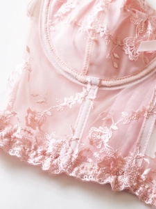 Close-up of pink mesh corset with floral embroidery and delicate bow detailing