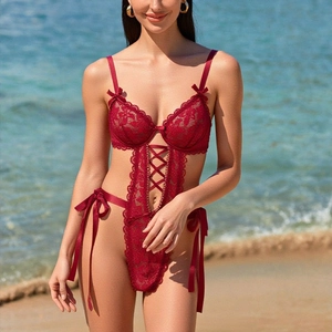 Women Sexy Wine Red Lace Bodysuit Underwired Hollow Out Lingerie With Satin Bows Criss Cross Lace Up Teddy Nightwear