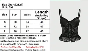 Tableau des tailles détaillé pour le corset gothique noir en satin et dentelle avec cm