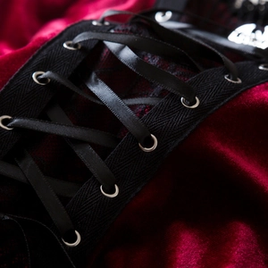 Gothic red velvet top with black lace trim and metallic eyelet ribbon tie closure