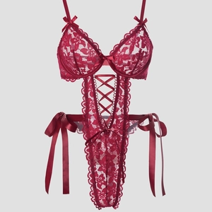 Burgundy lace bodysuit with underwire cups, satin bows, and criss-cross straps