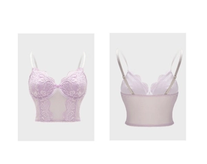 Detail of lavender lace corset featuring floral embroidery and adjustable straps