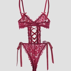 Deep wine red lace teddy lingerie with intricate floral patterns and lace-up ribbon details