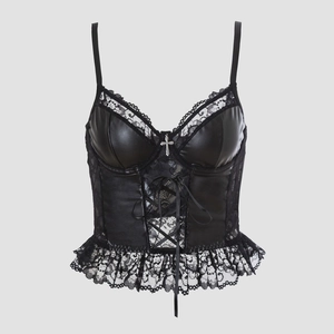 Women Gothic Black Faux Leather Lace Corset Top With Cross Pendant Adjustable Straps Hook-and-Eye Back Slim Sexy Clubwear Camisole