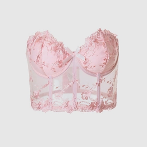Pink mesh corset bustier with floral embroidery, bone support and bow decoration