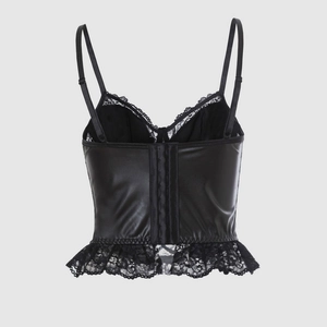 Black faux leather corset top with delicate floral lace trim and adjustable straps