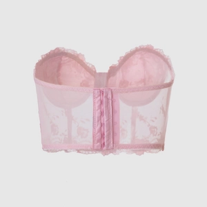 Pink mesh corset top with floral embroidery and multi-row back hooks for women