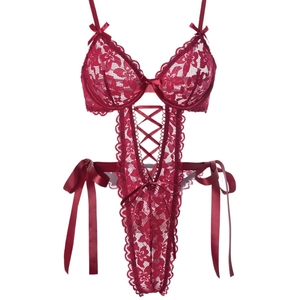 Deep red floral lace teddy bodysuit with criss-cross ribbon lacing and bow details