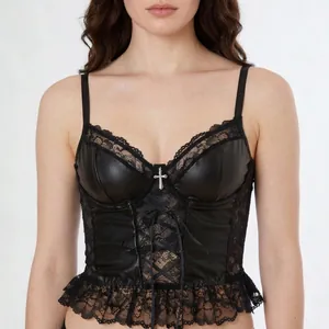 Gothic black faux leather corset top with lace splicing and a silver cross pendant