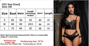 Size chart for Gothic PU leather and lace lingerie set featuring dimensions for S, M, L