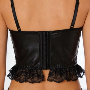 Women black PU leather corset top with lace trim and adjustable back hook closure