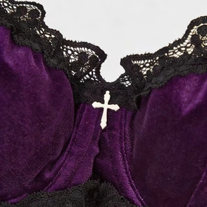 Dark purple velvet lace bra with push-up shape and gothic silver cross pendant detail
