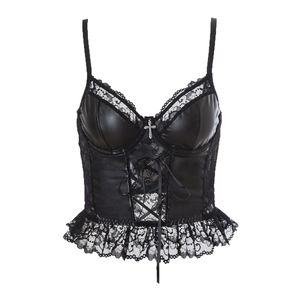 Gothic black PU leather corset top with lace trim, cross pendant and ruffled hem detail