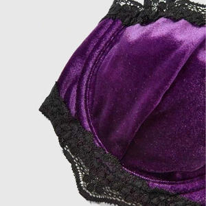 Elegant dark purple velvet bra with black floral lace trim and push-up structure