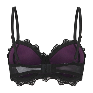 Dark purple velvet lingerie bra with black lace trim and mesh racerback design