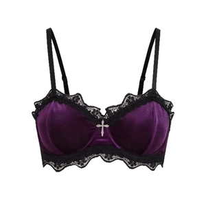 Gothic purple velvet bra with black lace trim and a silver cross pendant detail