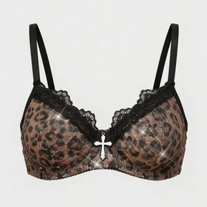 Reggiseno da Donna Sexy con Stampa Leopardata e Paillettes con Ciondolo a Croce in Argento e Pizzo Intimo Gotico Push Up