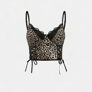 Women's Y2K Leopard Print Velvet Camisole Sexy Lace Trim V-Neck Slim Fit Lace-up Adjustable Strap Tank Top Crop Top