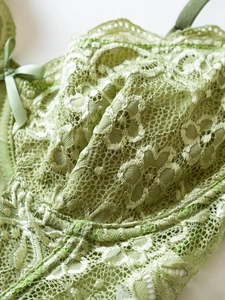 Detail of light green lace corset with floral embroidery and satin bow decoration