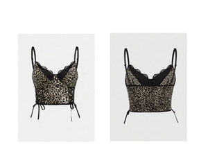 Detail of Y2K leopard print bustier top with black lace trim and side drawstring ties