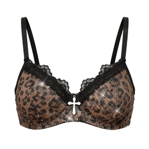 Reggiseno leopardato sexy con pizzo nero e ciondolo a croce su sfondo bianco