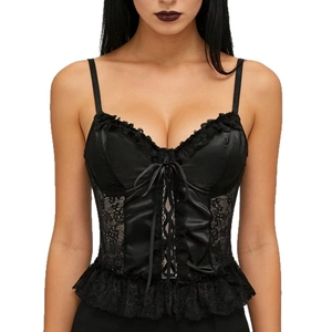 Haut corset gothique en satin noir avec dentelle délicate et laçage pour un look Y2K sexy