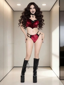 Close-up of gothic burgundy velvet lingerie set featuring bow accents and corset style