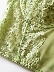 Detailed close-up of light green floral lace and sheer mesh fabric on a corset