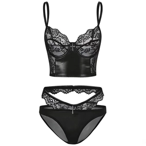 Black Gothic lingerie set with PU leather and lace panels featuring silver cross charms