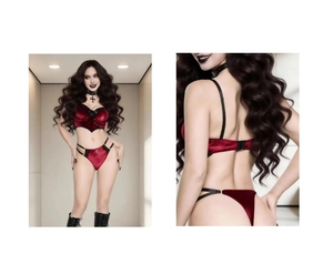 Close-up of Gothic red velvet lingerie set featuring fishbone corset and cross detail