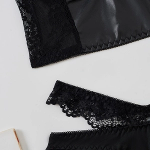 Gothic PU leather and lace patchwork lingerie set with crisscross waist straps in black
