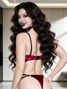 Detail of red velvet lingerie set showing back hook closure and black leather choker