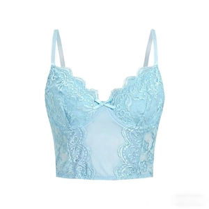 Light blue floral lace corset top with delicate bone structure and adjustable straps