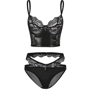 Gothic black lace and PU leather lingerie set with silver cross charms on a white background