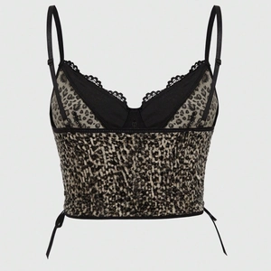 Y2K leopard print camisole featuring black lace trim and side lace-up details on grey
