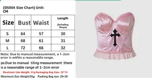 Size chart for pink satin gothic cross corset top showing S M L chest and waist metrics