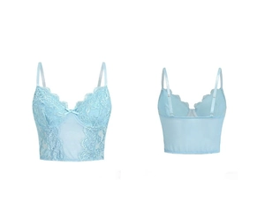 Lace corset top in light blue showing front bow detail and mesh back structure