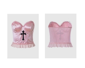 Front and back details of pink gothic satin corset with black cross and lace trim