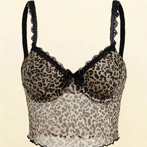 Sultry leopard print camisole top with black lace trim and satin bow detail