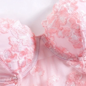 Pink floral embroidery mesh camisole with sexy backless design and delicate lace detailing