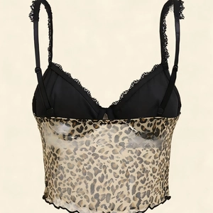 Slim fit leopard print camisole with black lace trim and adjustable mesh straps