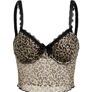 Sexy leopard print lace camisole top with black bow detail and sheer mesh fabric