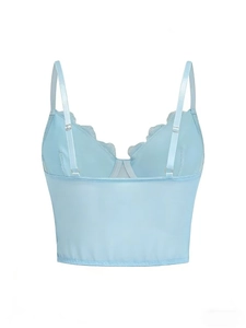 Rear view of light blue corset top with lace trim and adjustable spaghetti straps