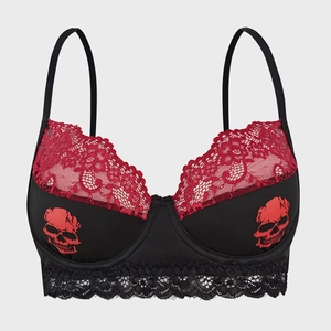 Gothic Skull Print Lace Trim Underwire Bra Women Sexy Black Red Patchwork Bralette French Style Bralette Top No Buckle