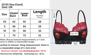 Detailed size chart for lace skull bra with measurements in CM for XS to L sizes