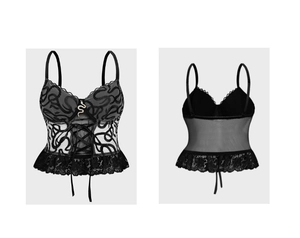 Detail view of black lace camisole with corset lace-up front and snake buckle decor