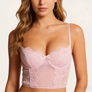 Women Sexy Lace Bustier Top Sheer Mesh Boned Corset Camisole V Neck Push Up Lingerie Spicy Girl Party Clubwear Backless Top
