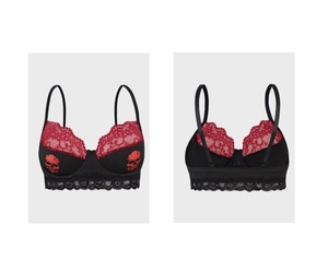 Detail of skull print bra with red lace trim showing front and back views in contrast