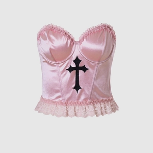 Gothic Pink Satin Corset Top Women Sweet Cool Black Cross Embroidery Lace Trim Bustier Camisole Slim Fit Sleeveless Top
