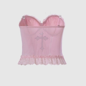 Pink satin gothic camisole with cross print and lace trim on adjustable straps